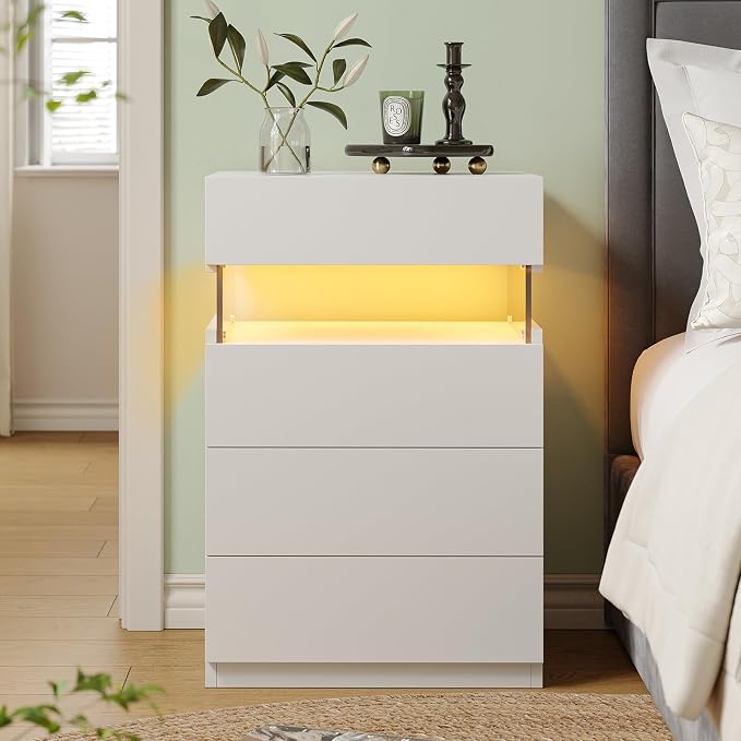 Bingoday White LED Nightstands Set of 2,Modern Night Stand with 4 Drawers,Tall Nightstand,Large Capacity,Multi-Color LED Lights,End Side Table for Bedroom - Image 4