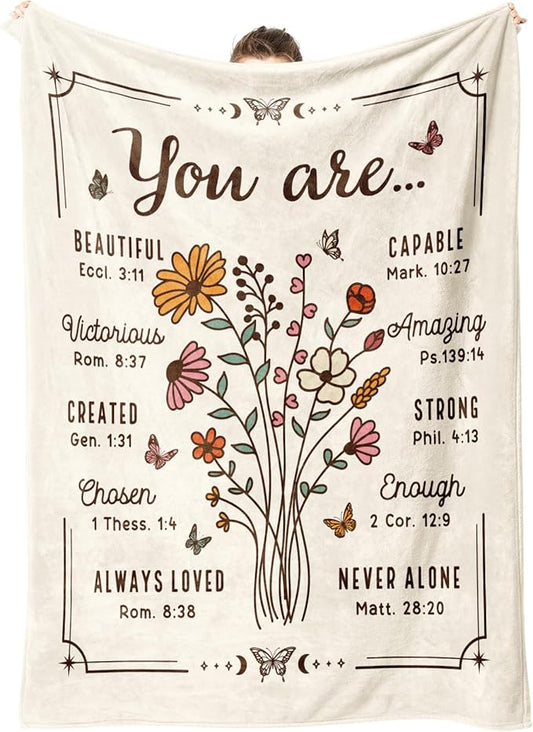 Christian Gifts for Women, Christian Floral Throw Blanket, Birthday Religious Gifts for Women Friendship, Inspirational Scripture Faith Gift for Friend, Sister, Mom, Daughter (50'' x 60'', Beige)