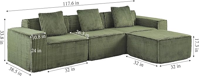 L-Shaped Corner Corduroy Sectional Sofa 4 Seat Modular Boneless Sofa Foam Cloud Couch with Movable Ottoman and Toss Pillows,Modern Deep Seat Convertible Chaise Sofa