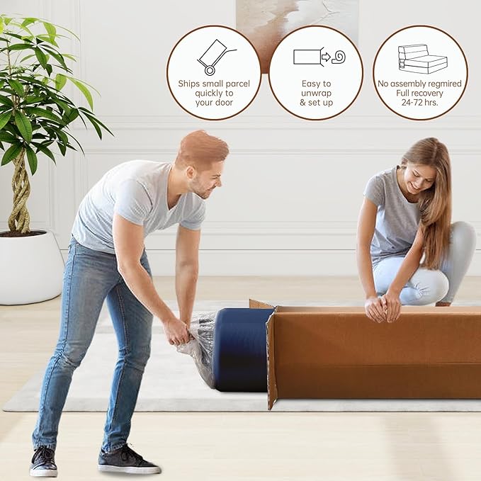 60 Inch Folding Sofa Couch Memory Foam with Pillow Convertible Sleeper Mattress Futon Lazy for Living Room, Washable Cover, Queen Size, Dark Blue