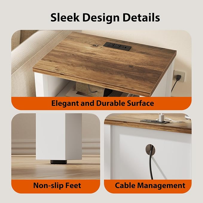 Pipishell Night Stand Set 2, Farmhouse Bedside Table Set of 2 with Open Shelf, Enclosed Cabinet, USB Port & AC Outlet, Wood Side Table with Storage for Bedroom, White and Brown, 2 Pack - Image 7