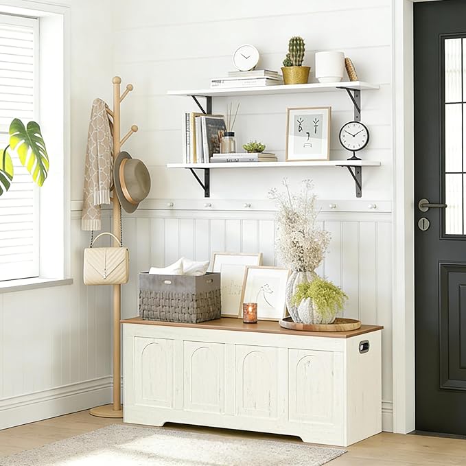 DINZI LVJ Storage Chest, 50” Extra Large Storage Bench with 2 Safety Hinges, Farmhouse Wooden Toy Box with Flip-Top, Large Trunk for Living Room, Playroom, Easy Assembly, Honey Brown and Rustic White - Image 2