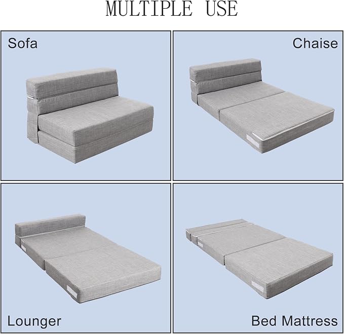 ANONER Folding Sleeper Chair Sofa Bed Lazy Couch with Pillow, Twin Size, Light Gray, Convertible Sleeper Chair and Foam Fold Out Chair Bed