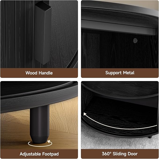 31.5 Inch Round Coffee Table, Mid-Century Modern Coffee Table wtih Storage, Fluted Coffee Table with Adjustable Footpads, 360° Rotating Sliding Door, Center Table for Living Room (Black)