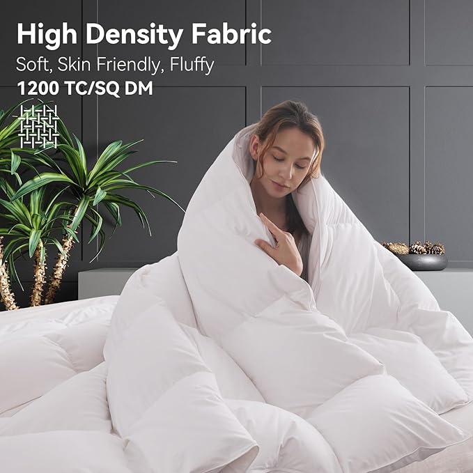 L LOVSOUL Goose Feather Down Fiber Comforter Queen Size, 100% Organic Cotton Fabric Duvet Insert,1200TC,750+Fill Power, Hotel Collection, All Season White Bedding Comforters with 8 Tabs