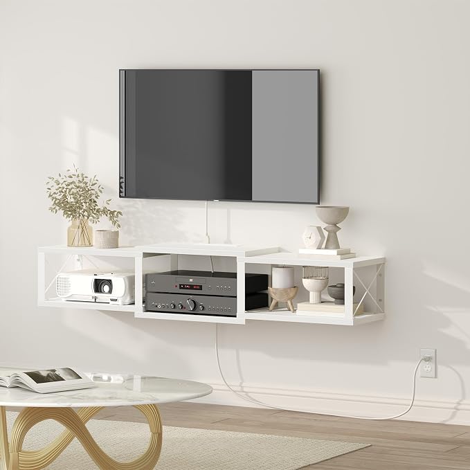 MAHANCRIS 43.7” Floating TV Stand with Power Outlet, Wall-Mounted Entertainment Center, Floating Metal Frame Media Console Shelf for Under TV Storage, for Living Room, Bedroom, White TVBW101E01 by MAHANCRIS