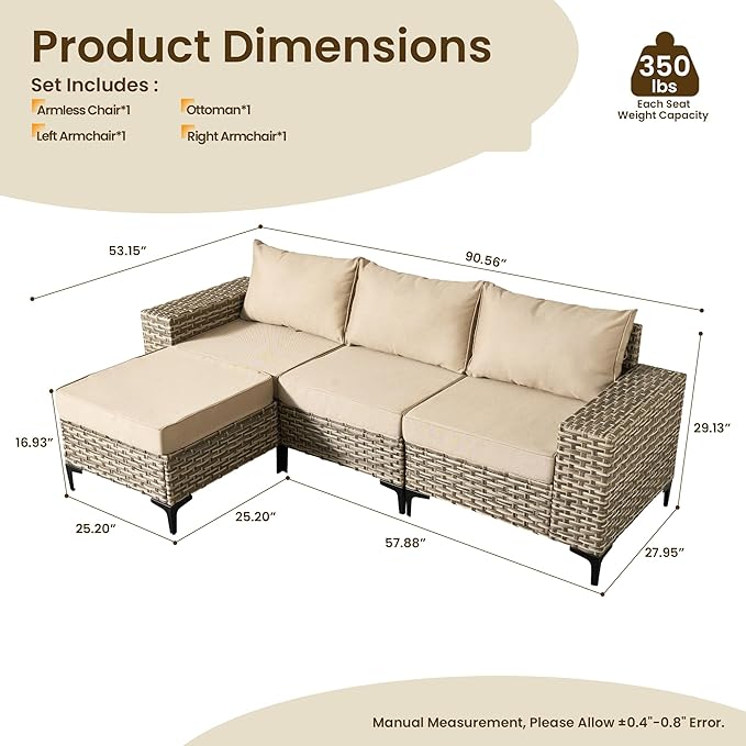 Patio Furniture Set, 4 Pieces Outdoor Wicker Conversation Sets with Coffee Table Outdoor Sectional Sofa for Balcony Backyard Poolside Garden Lawn (Beige)