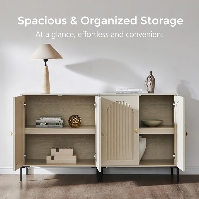 IFGET Modern TV Stands for 65 Inch TVs, 34" Tall Wood Entertainment Center w/Adjustable Shelves, Mid Century Modern TV Stand w/Arched Fluted Doors, Media Console Cabinet for Living Room, Cream - Image 6