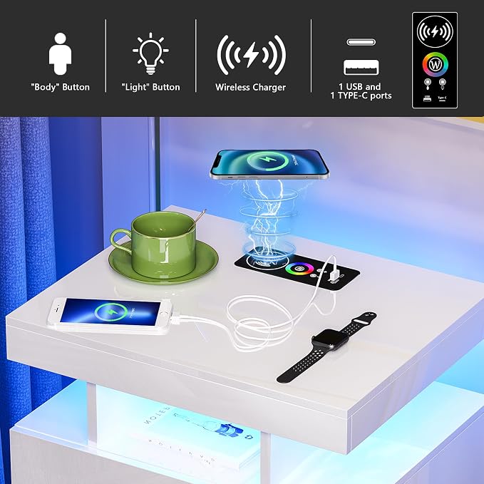 HNEBC Auto LED Nightstands Set of 2,Modern Bedside Table with USB Ports & Wireless Charging Station,High Gloss Bedside Tables with 2 Drawers,Nightstands for Bedrooms/Living Room (White) - Image 4