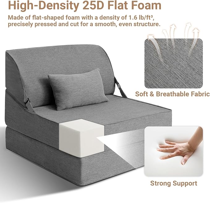 BeBen Folding Sofa Bed Chair, Convertible Sleeper Chair Futon Couch, Foldable Boneless Floor Lounger Sofa, Single Foam Chair Bed for Small Spaces, Dorm, Guest Room, Living Room, Apartment, Grey