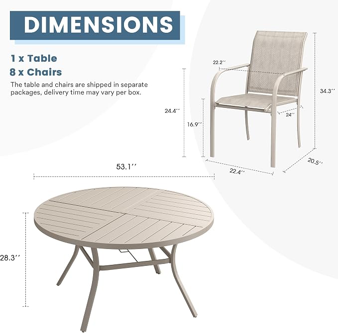 DIFY 9 Pieces Outdoor Patio Dining Set for 8, 53.1" Sandshell Round Metal Dining Table and 8 Sandshell Stackable Sling Dining Chairs, Outdoor Table and Chairs for Lawn Garden Backyard Deck - Image 8