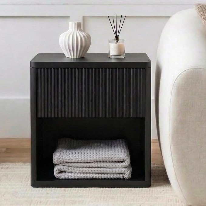 Yechen 23" W Black Fluted Nightstand with Hidden Drawer and Open Shelf, Lareg Mid Century Modern Bedside Table with Curved Profile, Wood Accent End Table for Bedroom - Image 7