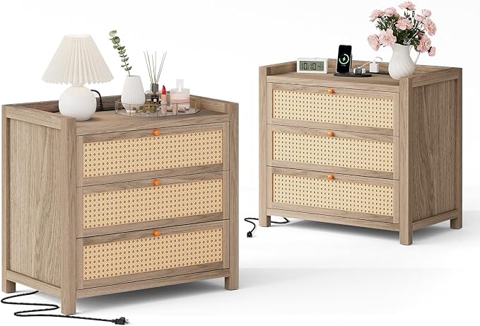 LGHM Set of 2 Large Night Stand with 3 Drawers, Nightstand for Bedroom with Type-C Charging Station, Boho Bed Side Table with Drawers,30" W End Table for Bedroom, Living Room,Natural by WelcometoLGHMHome