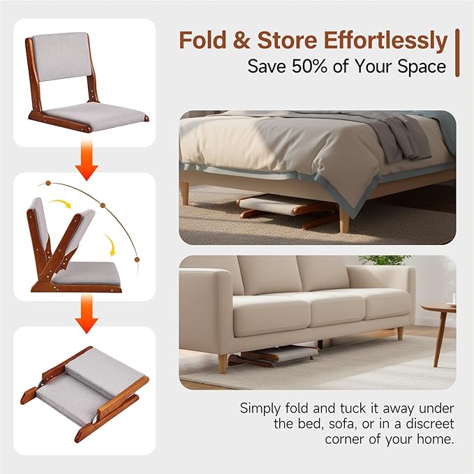 Tiita Floor Chair with Back Support, Foldable Meditation Tatami Chairs, Backrest Chair with Cushion, Living Room Chair Seat 4 Pack, Walnut Grey