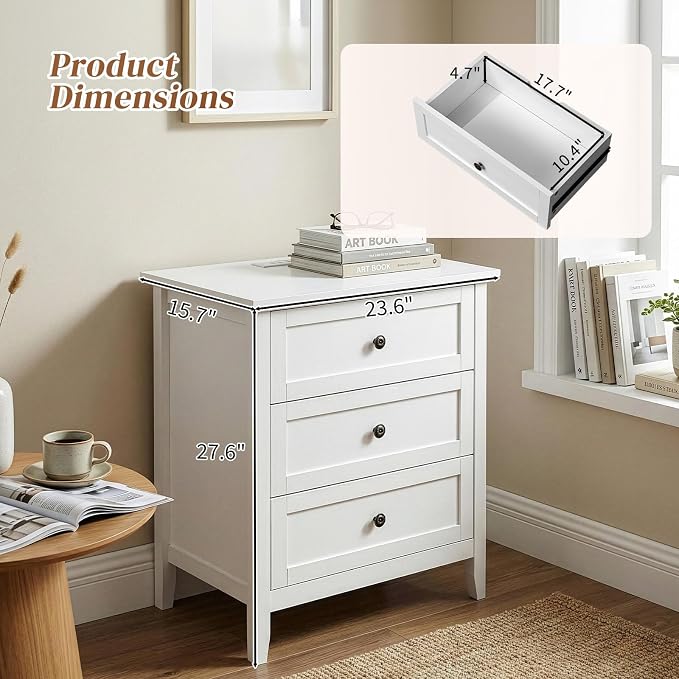 Karl home Farmhouse Nightstand with Charging Station, Wide End Table with 3 Large Drawers & Mental Handles, Wood Small Side Table of Drawers for Bedroom, Closet, White - Image 5