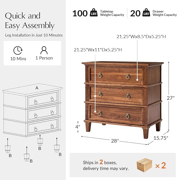 HULALA HOME Farmhouse End Tables Set of 2 with 3 Drawers, Paulownia Solid Wood Side Table with Vintage Knobs, Ancient End Table with Charging Station, Easy Assembly, Cherry - Image 2