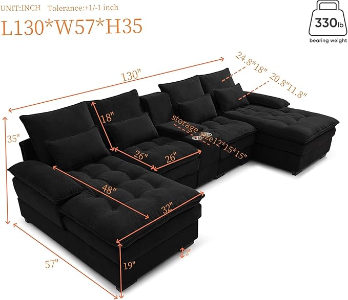 KEIKI U-Shaped 6 seat Sofa with Storage Console, Cup Holders, 130" Upholstered Sectional Sofa, Button Tufted Cloud Cushion Couch for Home, Office, Black
