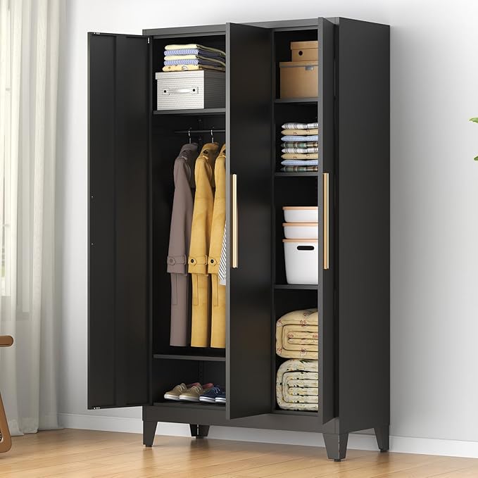 75.3" Tall Metal Armoire Wardrobe Closet with 3 Doors, Adjustable Hanging Rod and 5 Adjustable Shelves, Freestanding Storage Cabinet Organizer for Bedroom, Office, Laundry Room，Black