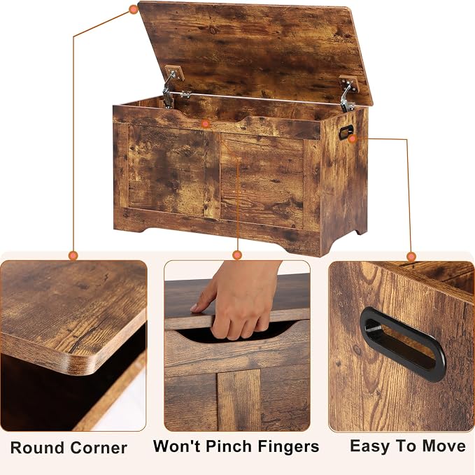 Timberer 31.5" Storage Chest, Wooden Storage Bench, Lift Top Toy Chest with 2 Safety Hinges, Large Toy Box, Entryway Shoes Bench for Living Room, Bedroom, Rustic Brown - Image 6