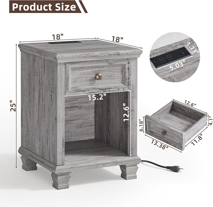 SAVOR LIFE Farmhouse End Tables Living Room Set of 2, Rustic Wood Nightstand with 1 Drawer, Bedside Table with Open Shelf for Bed Room, Side Table for Living Room, Grey - Image 3
