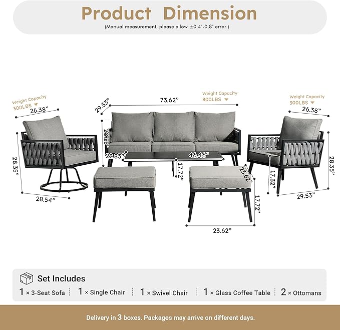 Weaxty Modern Patio Furniture Set 6 Piece, Rope Outdoor Patio Conversation Sets Sectional Sofa Swivel Chairs Table Ottoman, All Weather Metal Balcony Furniture for Backyard Garden, Grey