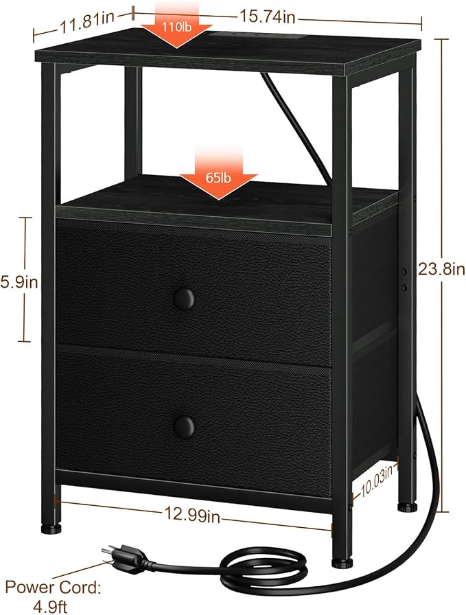 LOAKEKEL Night Stand with Charging Station, Small Bedside Table with 2 Fabric Drawers, Nightstand with USB Ports & Outlets for Bedroom, Black, HETS020BK-1 - Image 3