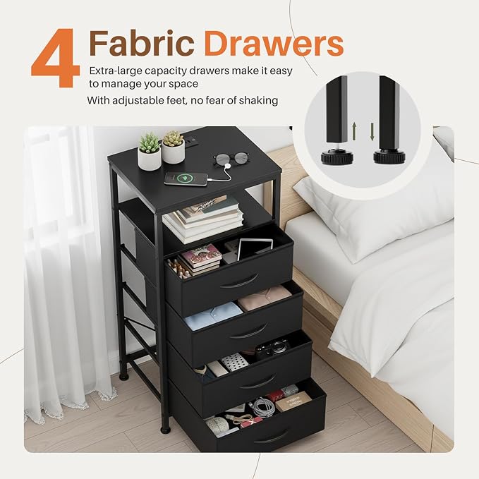 OLIXIS Nightstand with Charging Station, 4-Drawer Bedside Table with USB Ports & Type-C, Bedroom Night Stand with Fabric Drawers and Open Shelf, Tall Narrow End Table for Small Bedroom, Black - Image 6