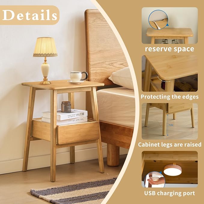 JIKUGO Nightstand Mid Century Modern and Drawers Display Cabinet for Bedroom Bamboo Bedside Tables 21.9x15.8x14.2in with USB Charging Port Night Stands Bed Side Table Bamboo - Image 3