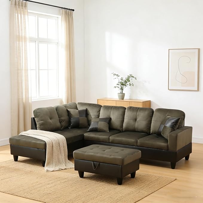 L-Shape Sofa with Storage Ottoman, Flannel Sectional Couch with Left Chaise, Modern 3-Piece Sofa Set for Living Room, Upholstered Couch Set with Solid Wood Frame for Apartment, Loft, Taupe
