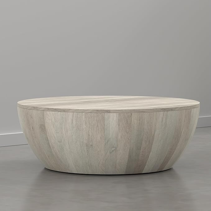 SIMPLIHOME Elmbrook Coffee Table - 34 inch Wide Solid Mango Wood Modern Industrial Round Drum Cocktail Table in Weathered White, Sculptural Living Room Table with Low Profile Design, Assembled