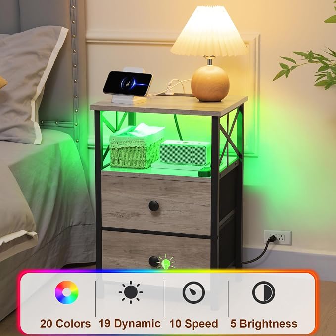 AMHANCIBLE Night Stand Set of 2 with Charging Station and LED Lights, Large 2-Drawer Bedside Tables with USB Ports and AC Outlets, Modern Nightstand for Bedroom, Grey, HET052LGY - Image 9