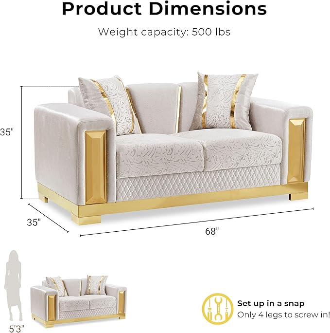 Furniture of America Samison II Glam Solid Wood Upholstered Loveseat with Accent Pillows, Damask Pattern and Gold Base, Soft Couch for Living Room, Bedroom, Office, Beige