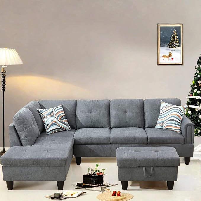 FONTOI L Shaped Sectional Couch with Otttoman, 97" Sectional Sofa for Living Room Flannel Modular Couches with Cup Holders for Bedroom, Apartments, Grey