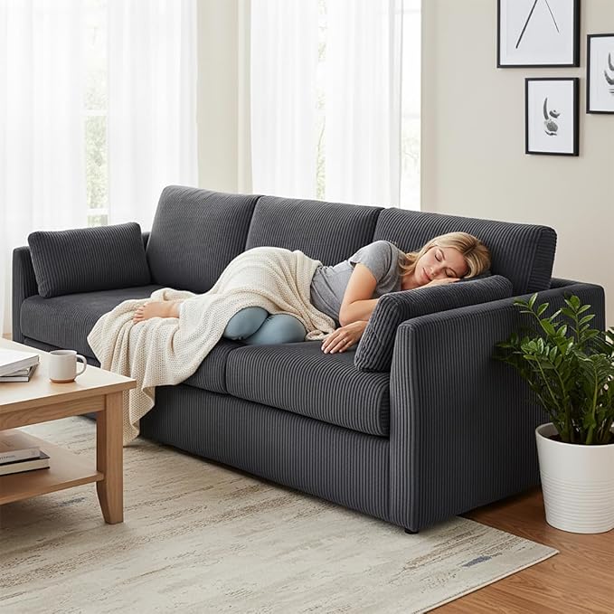 3 Pieces Corduroy Living Room Sofa Sets, 3-Seater Couch with Set of 2 Reading Armchairs, Comfy Pillows and Storage Pockets, Modern Living Room Furniture Sets for Apartment, Small Spaces, Grey
