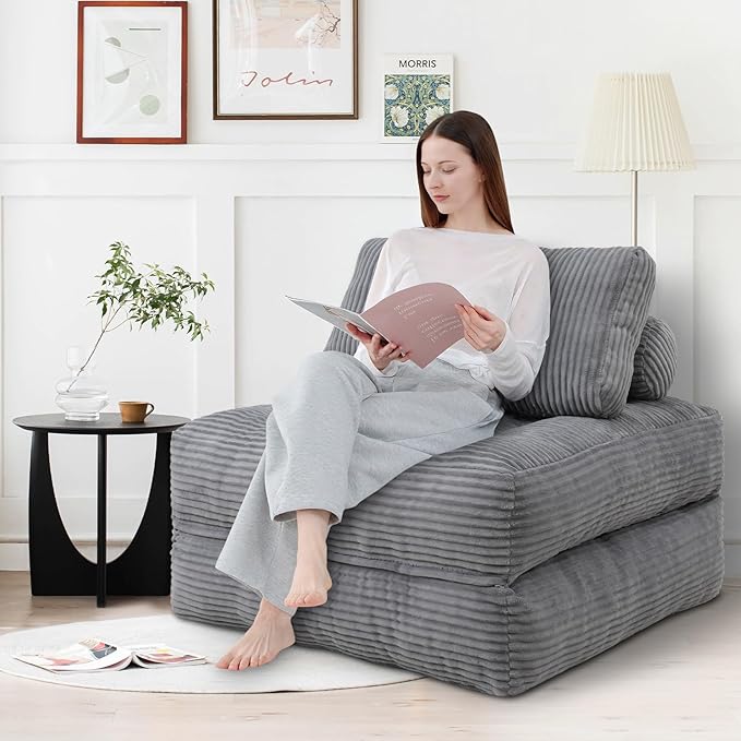 Folding Sofa Bed, Convertible Sleeper Chair with Pillow & Handle, Foldable Mattress Futon Chair Bed Lounge with Back Support, Comfy Floor Sofa for Living Room Bedroom, LightGrey, Single