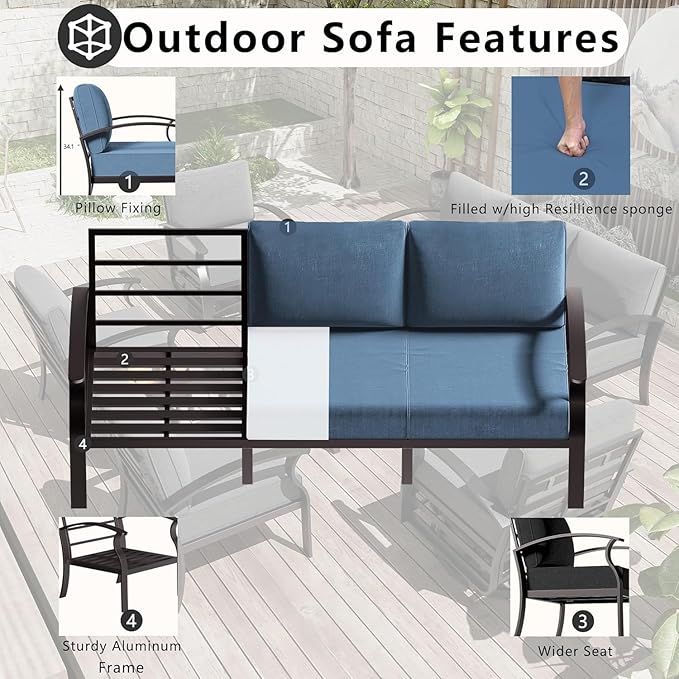 Patio Furniture Set 10 Seats Aluminum Armrest Sofa, Modern Outdoor Living Room Set with 55000 BTU Propane Aluminum Fireplace, Outdoor Rotary Joystick with Thick Cushion