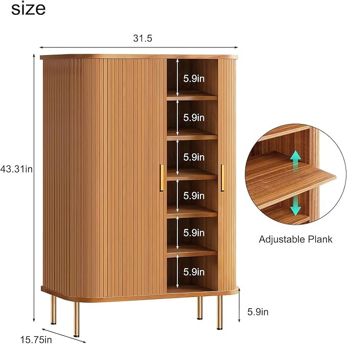 Shoe Cabinet Storage for Entryway: 6-Tier Shoe Cabinet with Adjustable Shelves & Sliding Doors, Mid-Century Modern Freestanding Shoe Storage Organizer for Entryway, Hallway, Living Room - Image 2