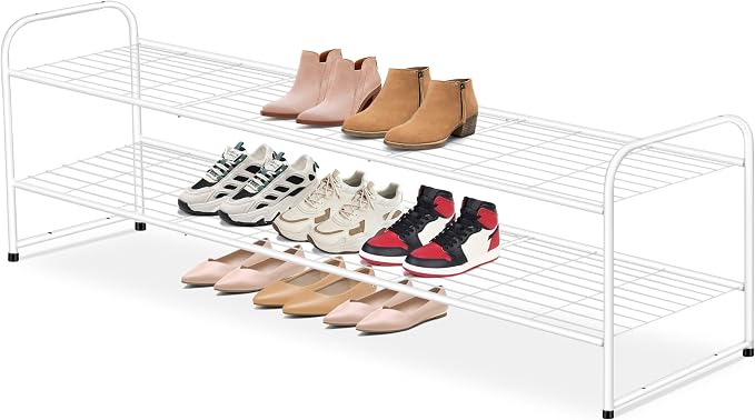 AOODA Long 2 Tier Shoe Rack for Closet Metal Wide Stackable Shoe Storage Organizer for Entryway, Bedroom, Floor, 18-Pairs Low Sneaker Shelf, White by AOODA