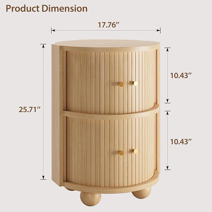 Round Nightstand with Sliding Doors and 2 Storage Shelves, Modern Bedside End Table, Suitable for the Bedroom (Oak) - Image 2