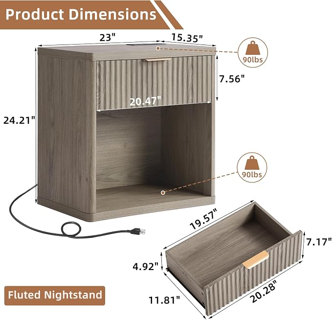 LEYAOYAO Fluted Farmhouse Nightstand Set of 2 with Charging Station, 23" Wide 1 Drawers End Table,Grey Dresser for Bedroom,Bed Side Table Chest of Drawers Cabinet,Wood Night Stand for Living Room - Image 3