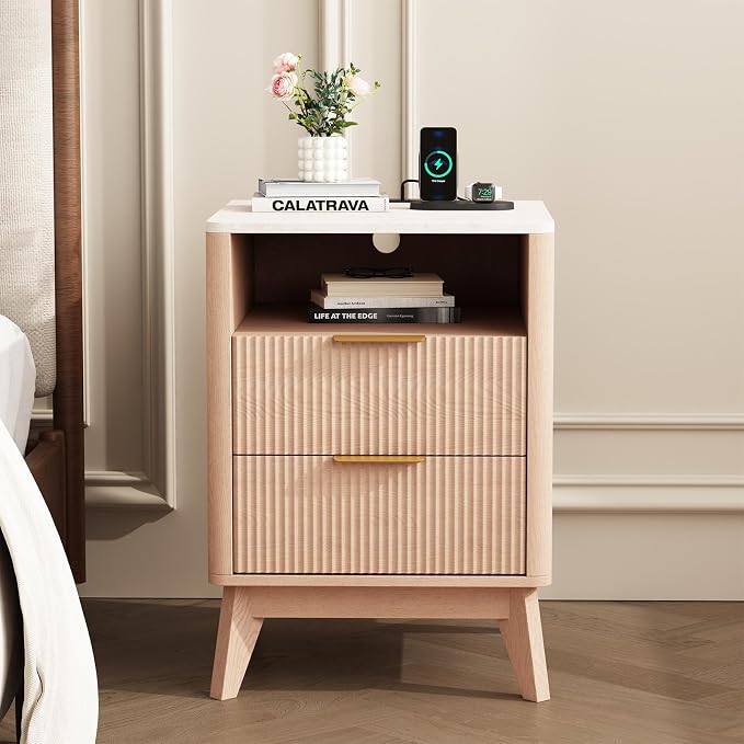 DUMOS Nightstand with Charging Station, 18" Bedside Table with with Faux Marble Top, Fluted Wood End Table with 2 Drawers, Mid-Century Modern Night Stand for Bedroom, Natural Oak - Image 3