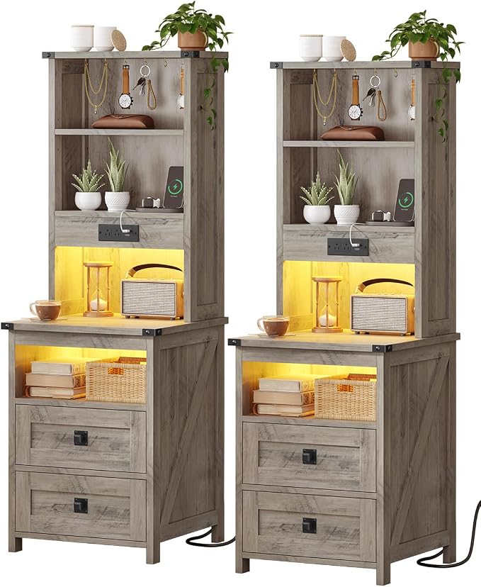 Farmhouse Tall Nightstand Set of 2 with Charging Station and 2 Drawers,Led Night Stand Set of 2 with Bookshelf,Bedside End Side Table with Storage Shelves for Bedroom, Grey by Unknown