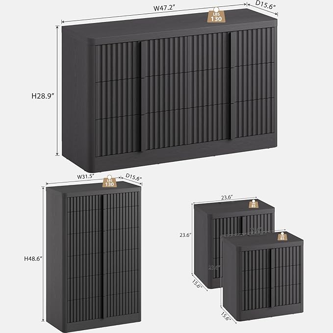 Fluted Dresser and Nightstand 4-Piece Bedroom Set, 47" Wide 6-Drawer + 49" Tall 6-Drawer Dresser and 2 of 3-Drawer Nightstand with Charging Station, Modern Bedroom Dressers Sets, Hallway, Black