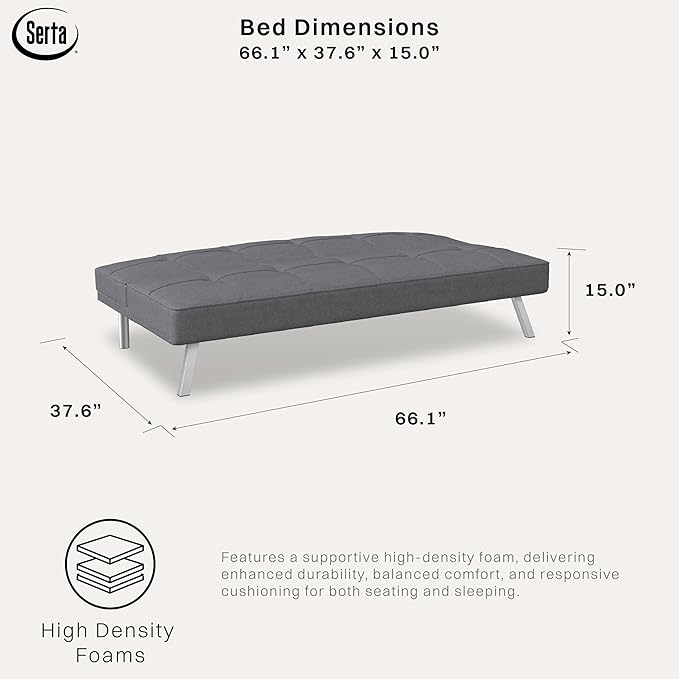 Serta® Rane Futon Sofa Bed 66.1", 3-in-1 Convertible Couch Sleeper for Small Spaces, Tufted Back, Twin Size Guest Bed, Chracoal Woven Fabric