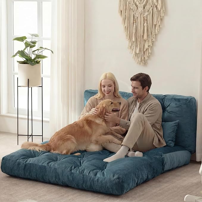 Folding Sofa Bed, Convertible Sleeper Chair with Pillow Foldable Mattress with Back Support, Portable Fold Out Chair Bed Comfy Floor Sofa Lounge for Living Room Bedroom, Blue Full 80x54 Inch