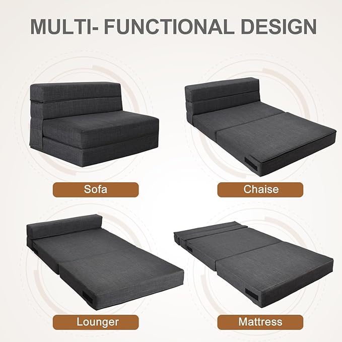 Fold Sofa Bed Couch Twin Size with Pillow Memory Foam Convertible Sleeper Chair Bed Futon Lazy for Living Room/Home Office/Guest Beds/Apartment/Upstairs Loft, Dark Gray