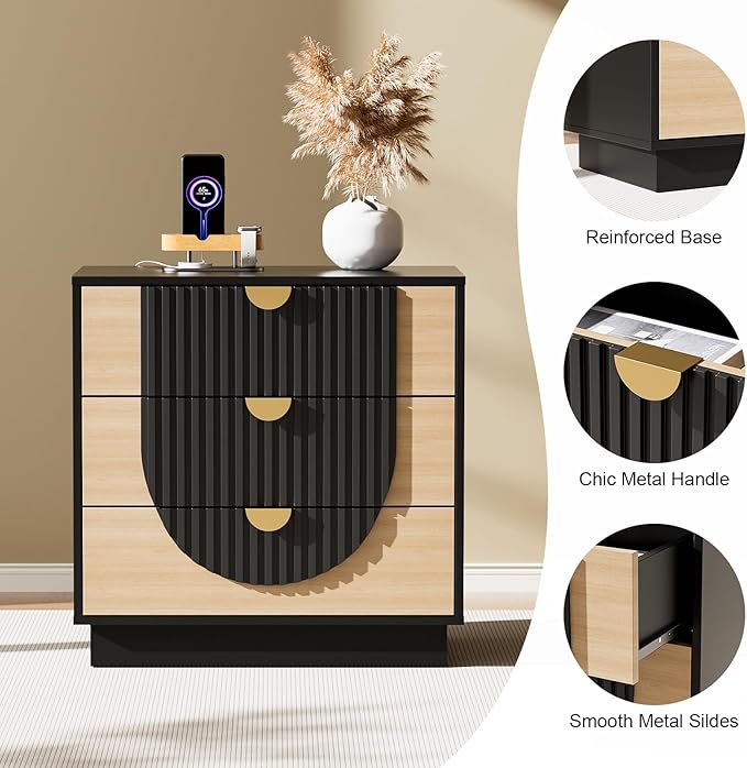 3 Drawer Nightstand with Charging Station,28" Fluted Night Stand & Modern Bedside Table, Wood End Table Storage Cabinet for Bedroom Hallway, Entryway,Black - Image 5