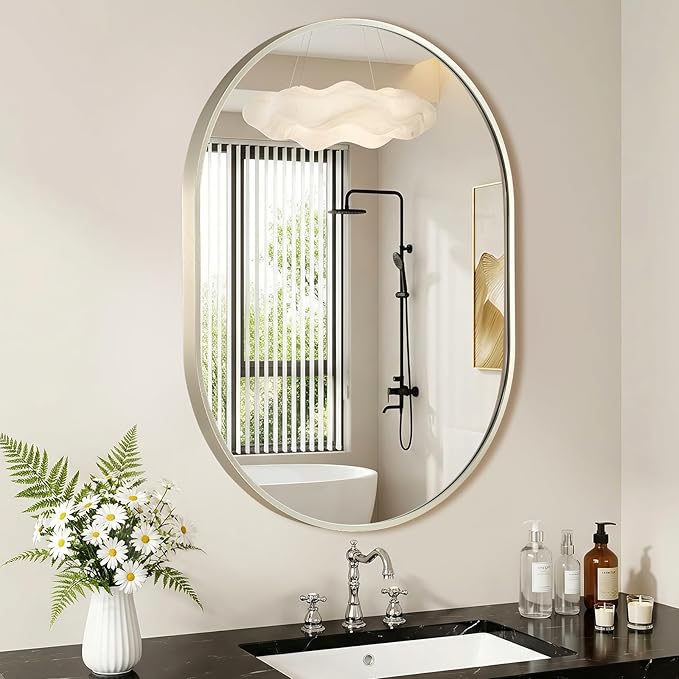 Brushed Nickel Oval Mirror, 22x30 Inch Oval Bathroom Mirror, Mirror for Wall Decor, Vanity, Entryway, Living Room, Horizontally/Vertically by Titameg