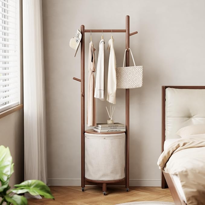 CycleCrew Solid Wood Coat Rack with Fabric Basket - Freestanding Coat Rack Rolling Coat Tree with 9 Hooks Wheels, Small Clothes Rack For Entryway Bedroom Hallway Living Room - Image 4