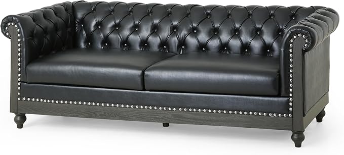 Merax PU Chesterfield Sofa, Retro Upholstered 3 Seater Leather Couch Rolled Arm for Living Room Bedroom Office, Black